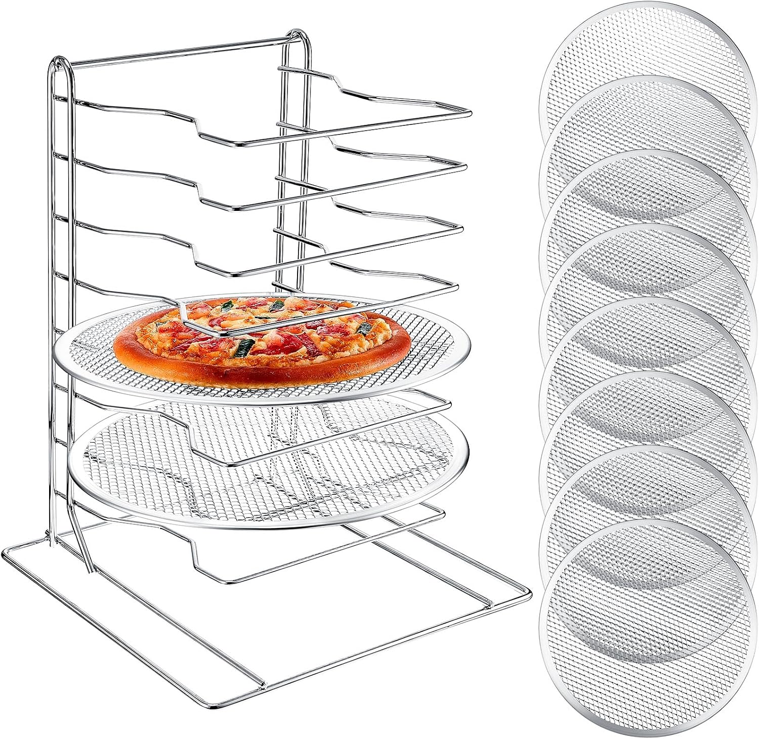Commercial Kitchen Rack - ชั้นวางพิซซ่า 8 ชั้น พร้อมถาดอบอลูมิเนียม 8 ถาดที่มีรู