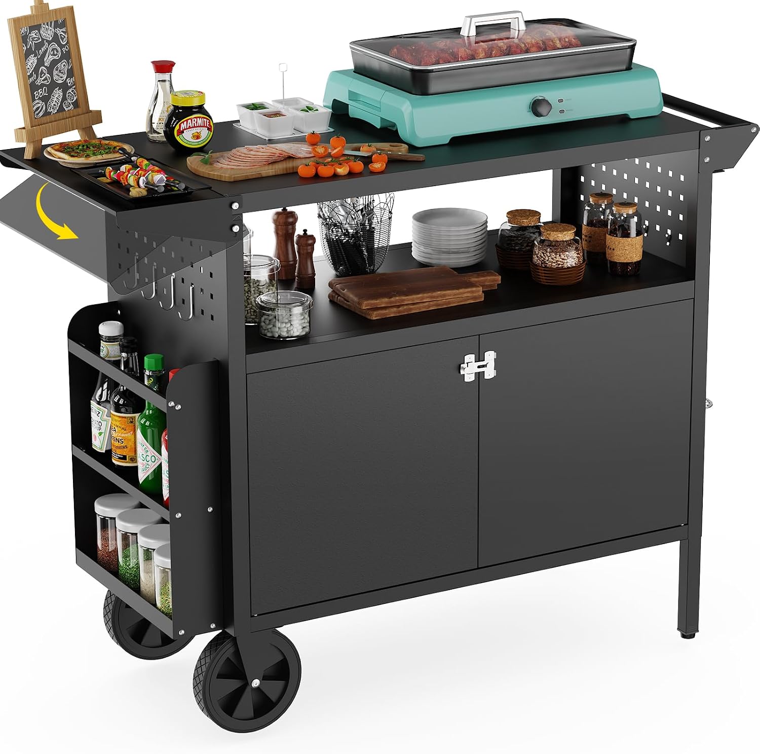 Commercial Kitchen Tables - รถเข็นปิ้งย่างกลางแจ้งพร้อมโต๊ะเก็บของ ชุดครัวเคลื่อนที่พร้อมล้อ โต๊ะพับได้สำหรับเตรียมอาหารบาร์บีคิว หน้าโต๊ะเหล็กแข็งแรงทนทานสำหรับลานบ้านและแคมป์ปิ้ง
