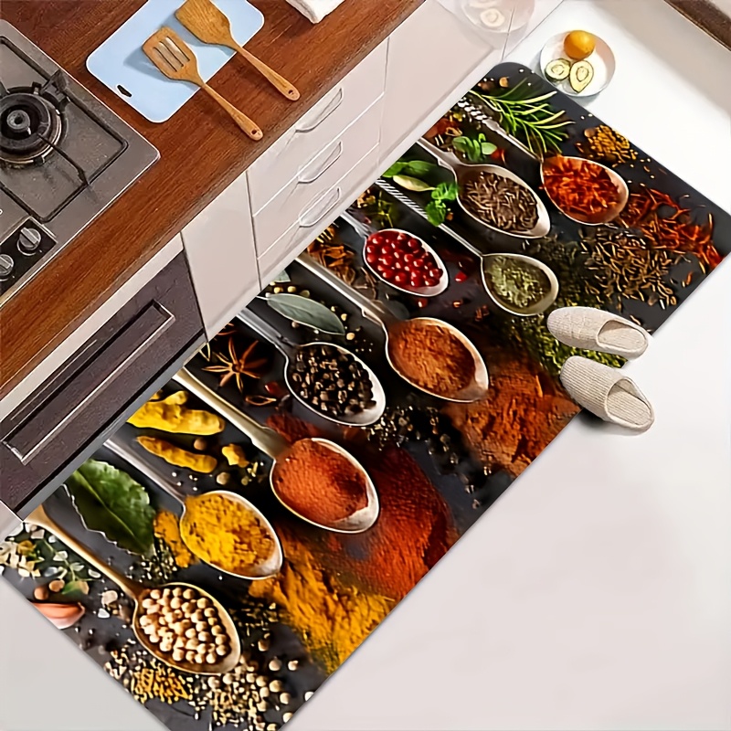 Commercial Kitchen Background - พรมปูพื้นลายช้อนตักเครื่องเทศสีสันสดใส พื้นหลังสีเข้มสไตล์เรโทร ตกแต่งห้องครัวและห้องซักรีด