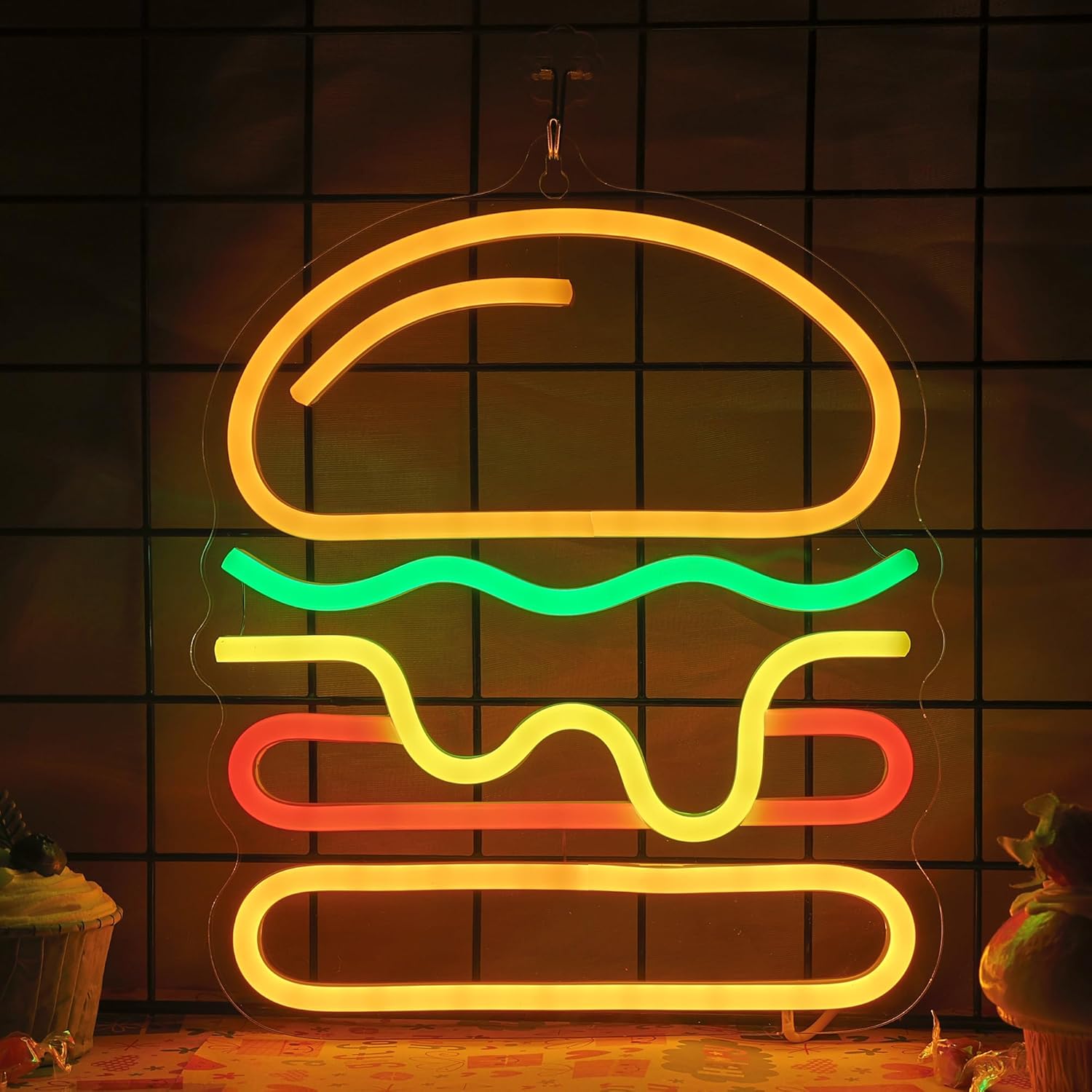 Commercial Kitchen Light - ป้ายไฟนีออนรูปเบอร์เกอร์พร้อมไฟ LED ชีสซ้อนชั้น สำหรับตกแต่งผนังร้านอาหารฟาสต์ฟู้ด บาร์ ตกแต่งบ้าน