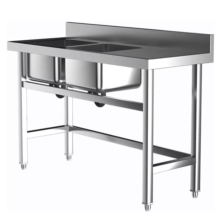 Commercial Kitchen Tables - อุปกรณ์ครัวโรงแรมเชิงพาณิชย์ อ่างล้างจานสแตนเลสสองหลุม พร้อมโต๊ะทำงาน รูปทรงสี่เหลี่ยม และสองรู