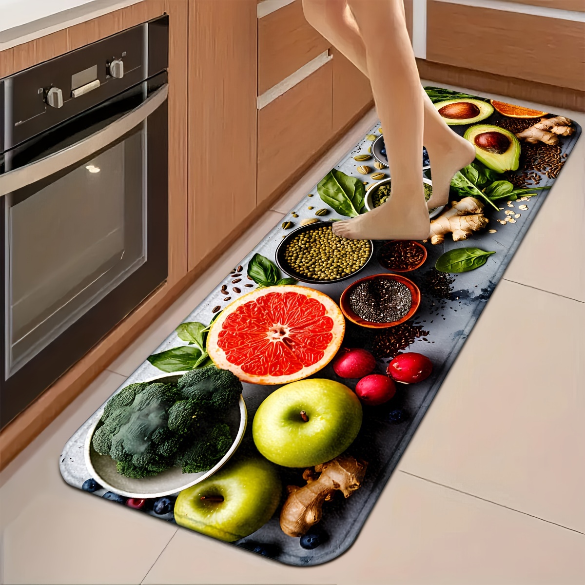 Commercial Kitchen Background - พรมปูพื้นลายบรอกโคลี แอปเปิล เกรปฟรุต อะโวคาโด ขิง และเมล็ดพืช