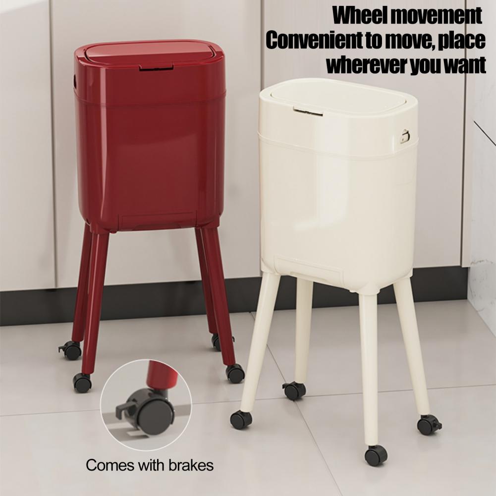 Commercial Kitchen On Wheels - ถังขยะมีขาตั้งสูงพร้อมล้อเลื่อน ความจุ 16 ลิตร ฝาเปิดแบบกด ถังขยะสไตล์เรโทรสำหรับห้องครัว