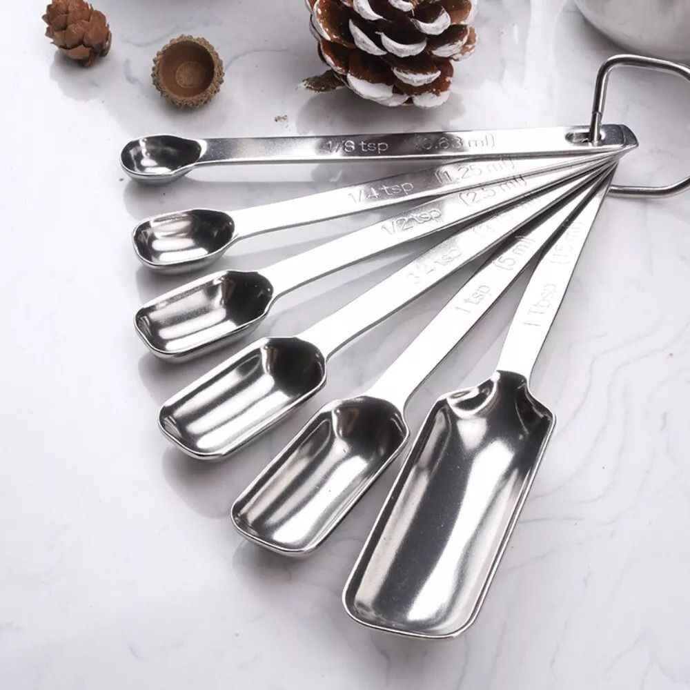 Commercial Kitchen Products - ช้อนตวงสแตนเลสสตีล6ชิ้นพร้อมสเกลเครื่องใช้ในครัวหัวสี่เหลี่ยมช้อนสำหรับทำอาหารผงฟูแบบพกพานมผง