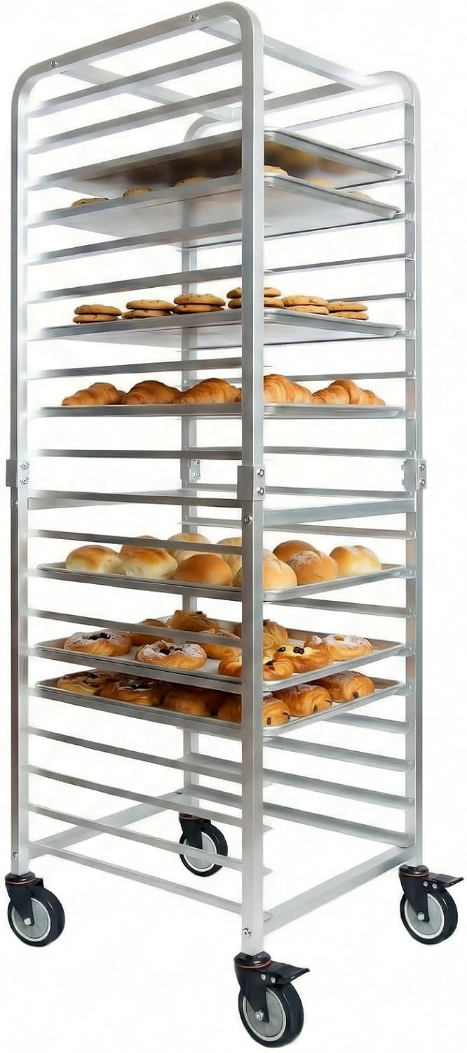 Commercial Kitchen Rack - ชั้นวางถาดสแตนเลส 20 ชั้น พร้อมล้อเลื่อน รถเข็นเบเกอรี่แบบเคลื่อนที่ ชั้นวางขนมปังแบบเร็ว