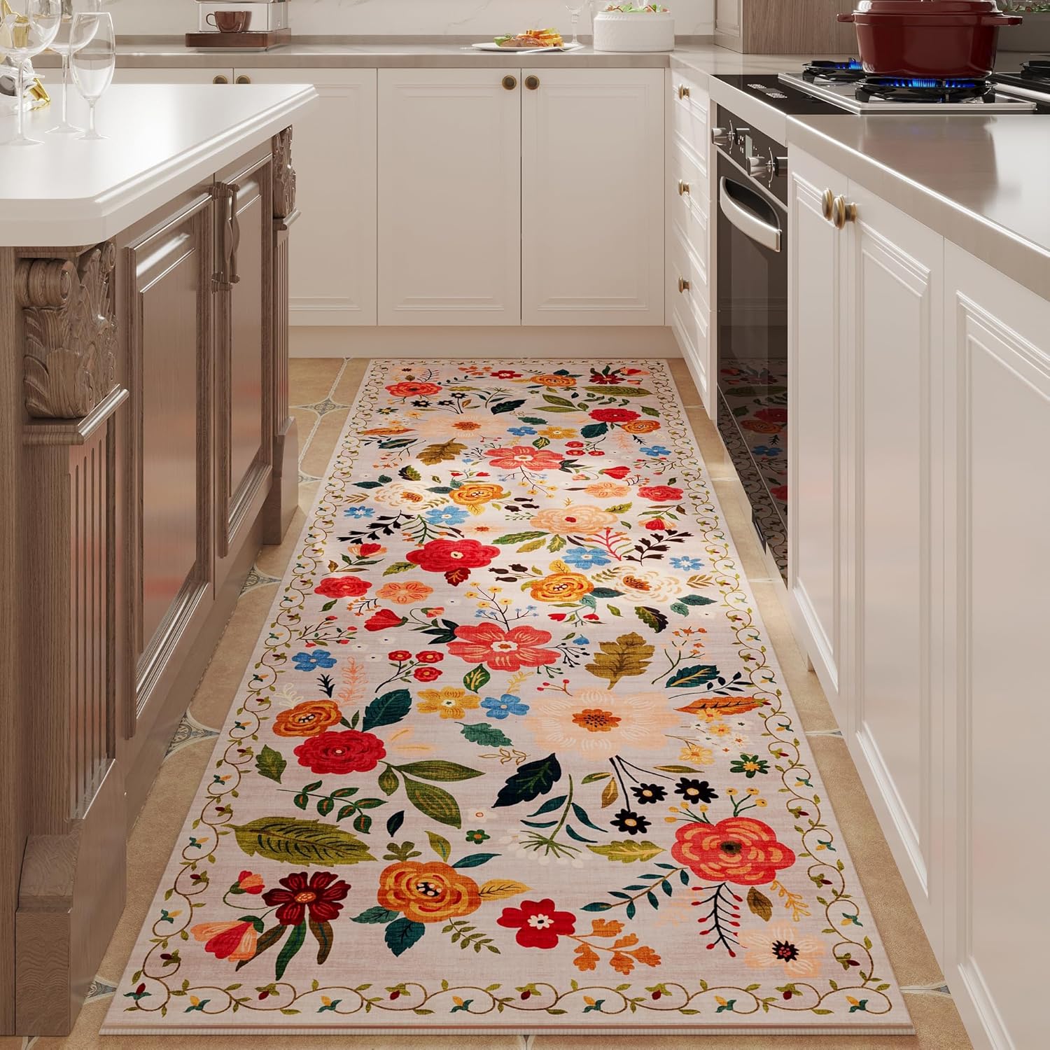 Commercial Kitchen Background - พรมลายดอกไม้สไตล์วินเทจ พื้นหลังสีเบจ ลายดอกไม้หลากสี พรมปูพื้นกันลื่นสำหรับห้องโถงห้องครัว