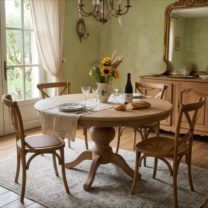 Commercial Kitchen Tables - โต๊ะอาหารทรงกลมแบบขยายได้ สไตล์ฝรั่งเศสโบราณ รุ่น D1640 ทำจากไม้เนื้อแข็ง พร้อมขาตั้ง